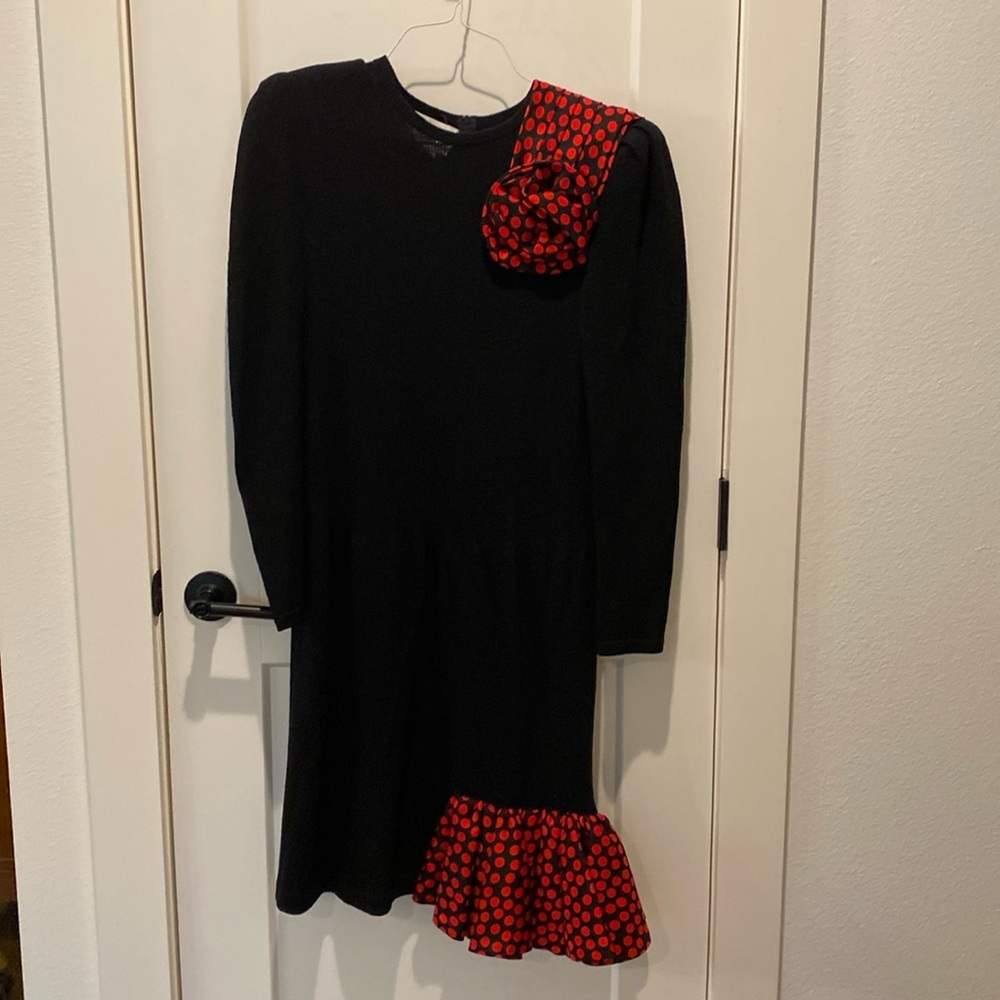 Raul Blanco Hand Loomed Evening Dress.  Black w/Red Polka Dots.‎  Size 10